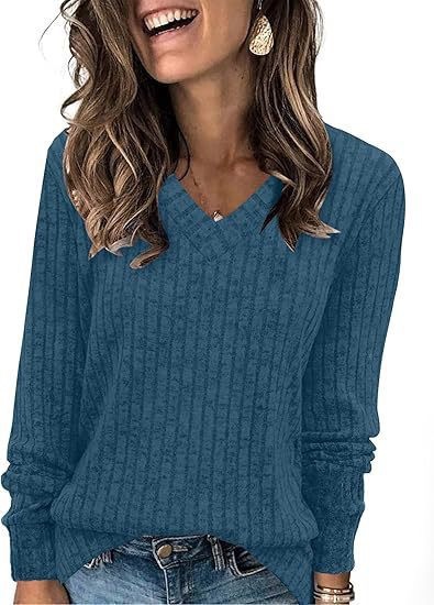 Women's Ribbed Knit V-Neck Long Sleeve Top