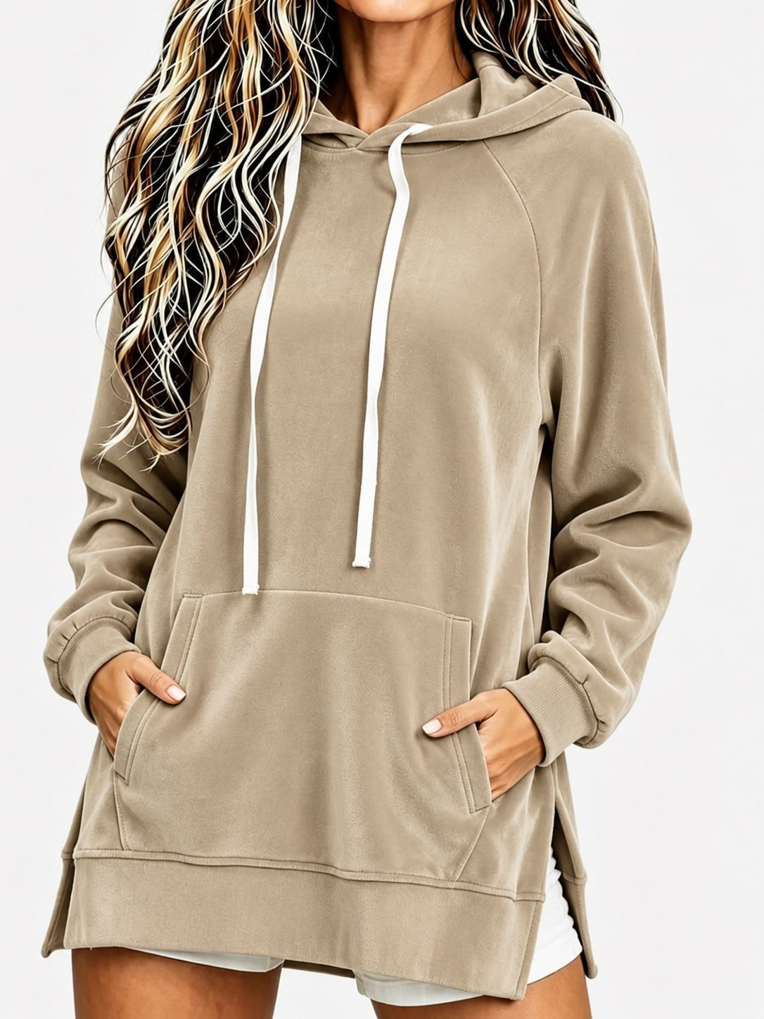 Women's Velvet Hooded Loose Mid-Length Pocket Sweatshirt