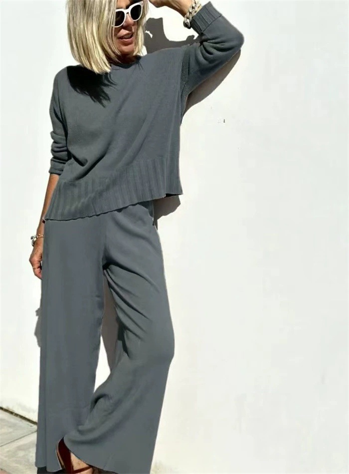 Lazy Style Knit Wide-Leg Pants Set with Pullover Sweater Women's Casual Two-Piece