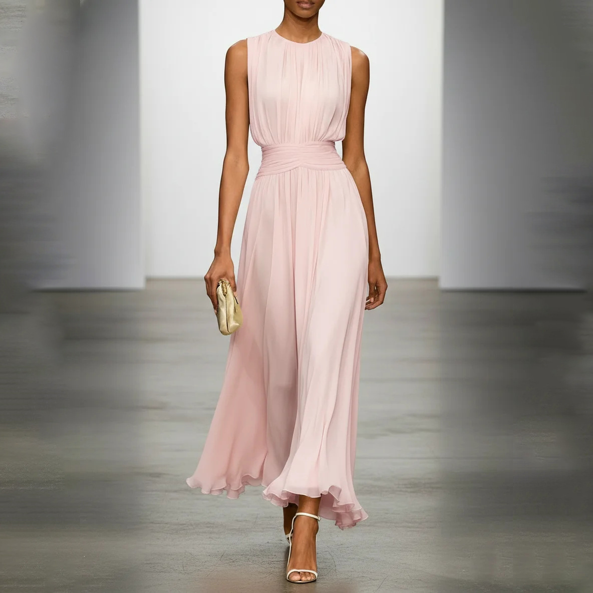 Sleeveless Solid Color Waist-Cinched A-Line Midi Dress with Round Neck