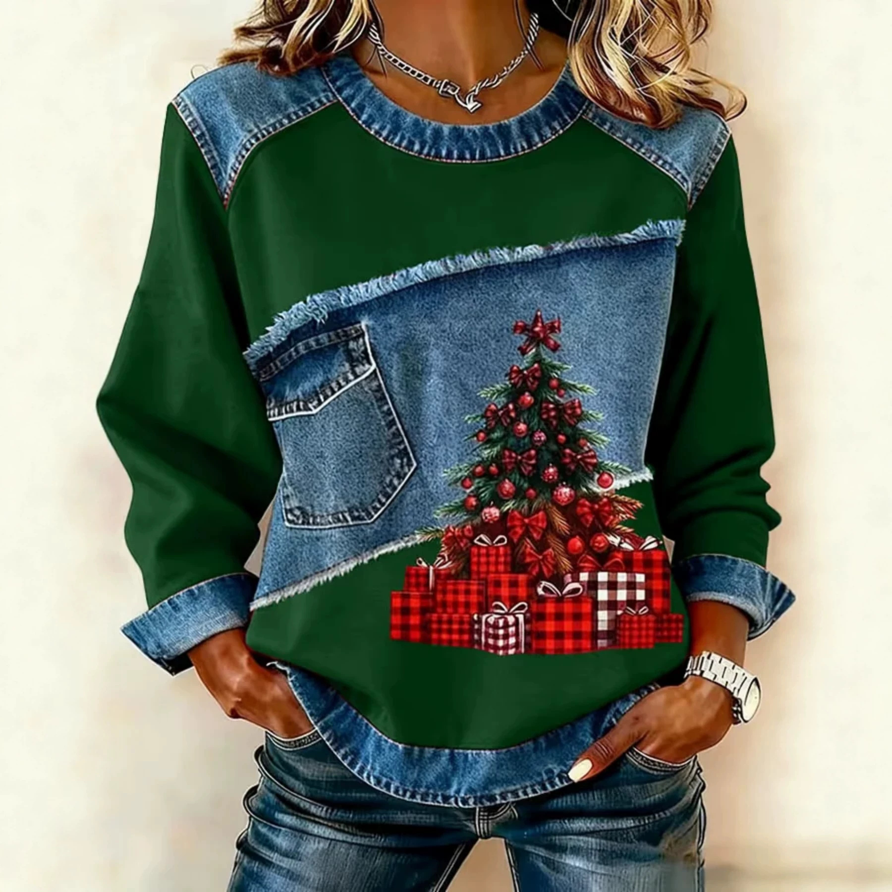 Christmas Tree Print Crewneck Long Sleeve Pullover Sweatshirt