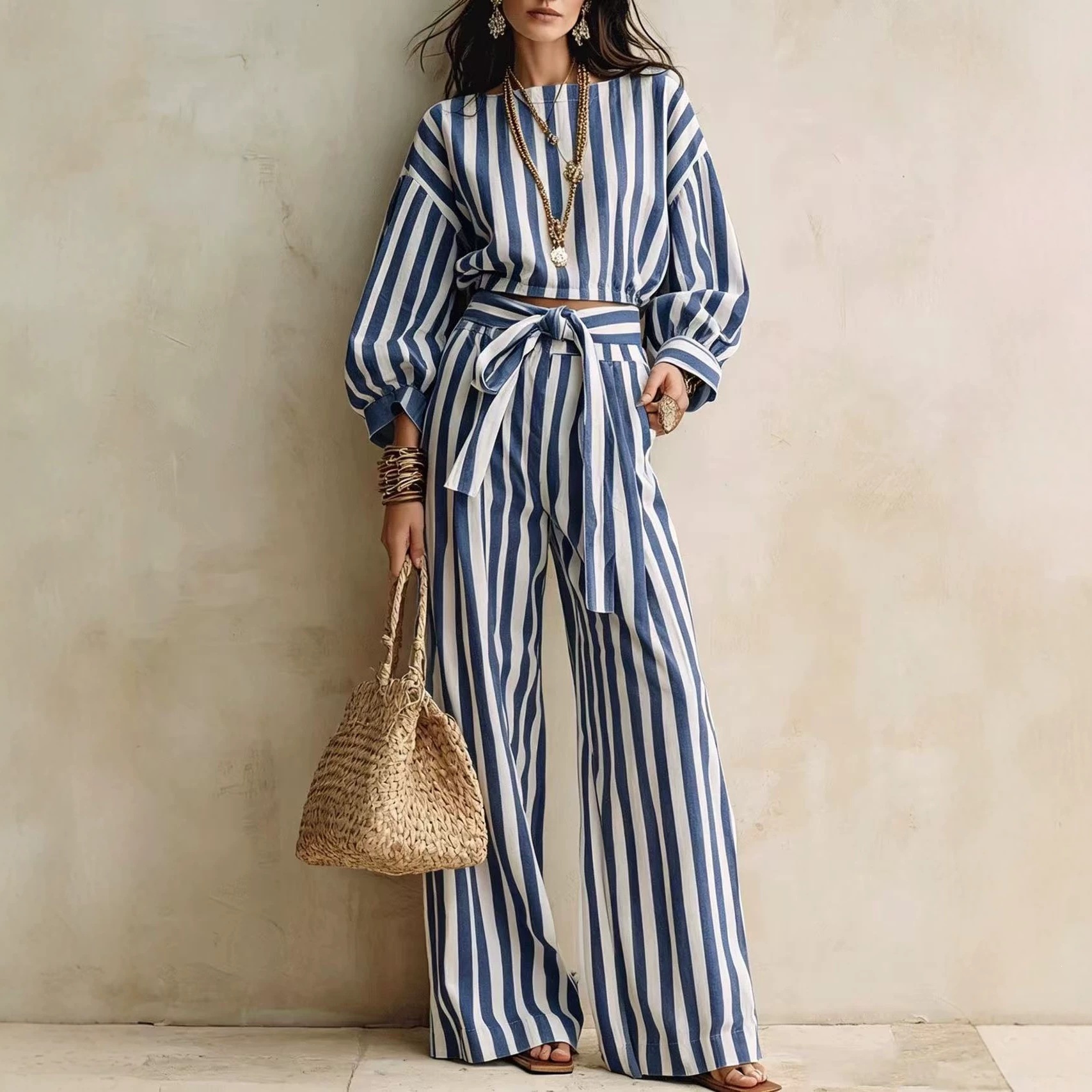 Striped Short Top & Wide-Leg Pants Set with Tie