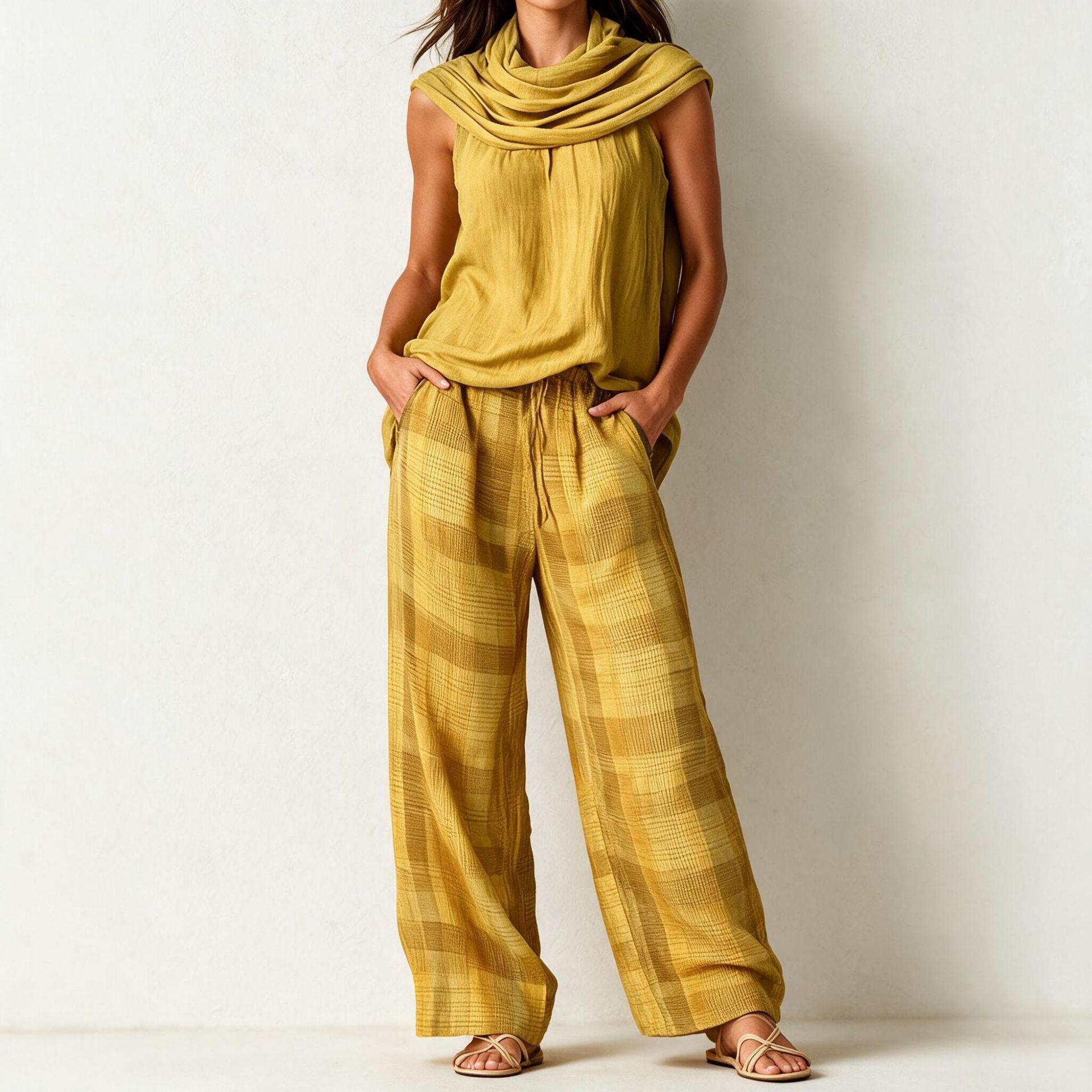 Women's Retro Sleeveless Top and Plaid Pants Set