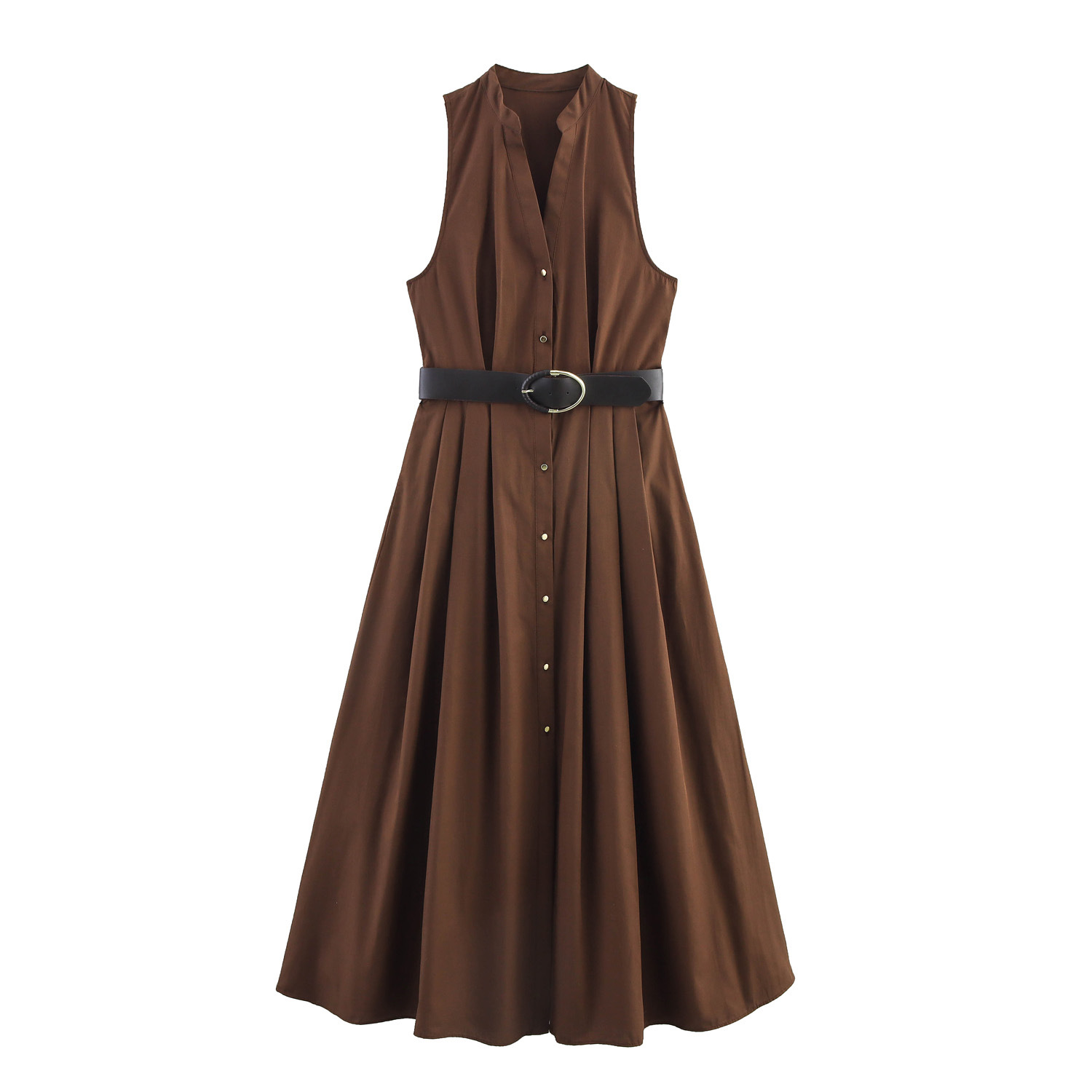 Women's Elegant Belted Midi Dress with Lapel Collar