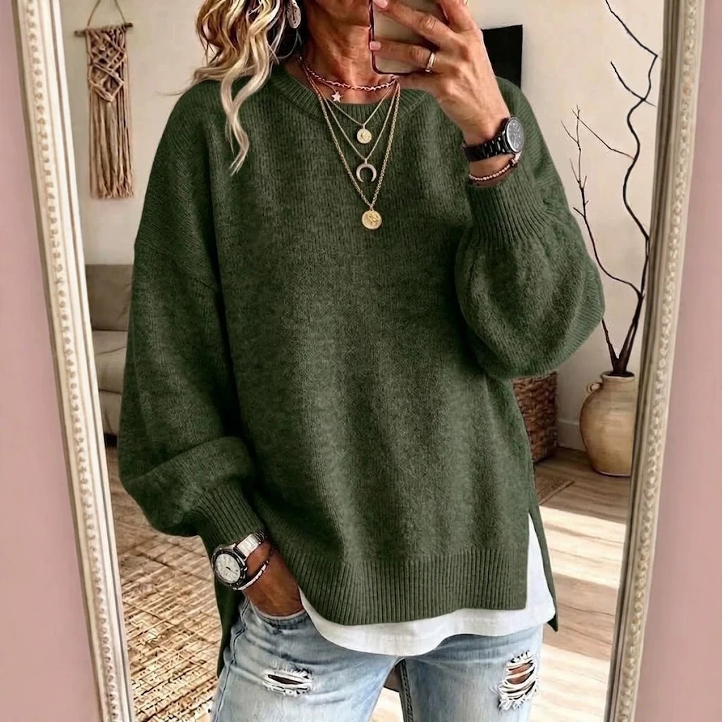 Women's Crewneck Sweater with Split Hem Loose Knit Pullover