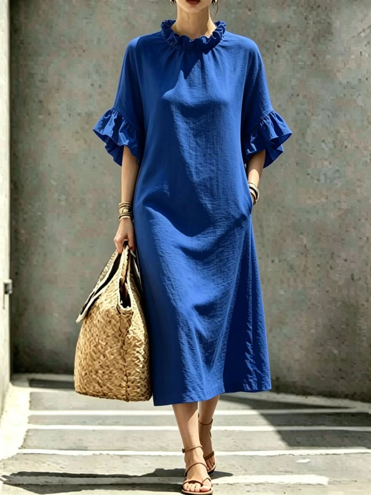 Women's Casual Midi Dress with Ruffle Trim and Geometric Print