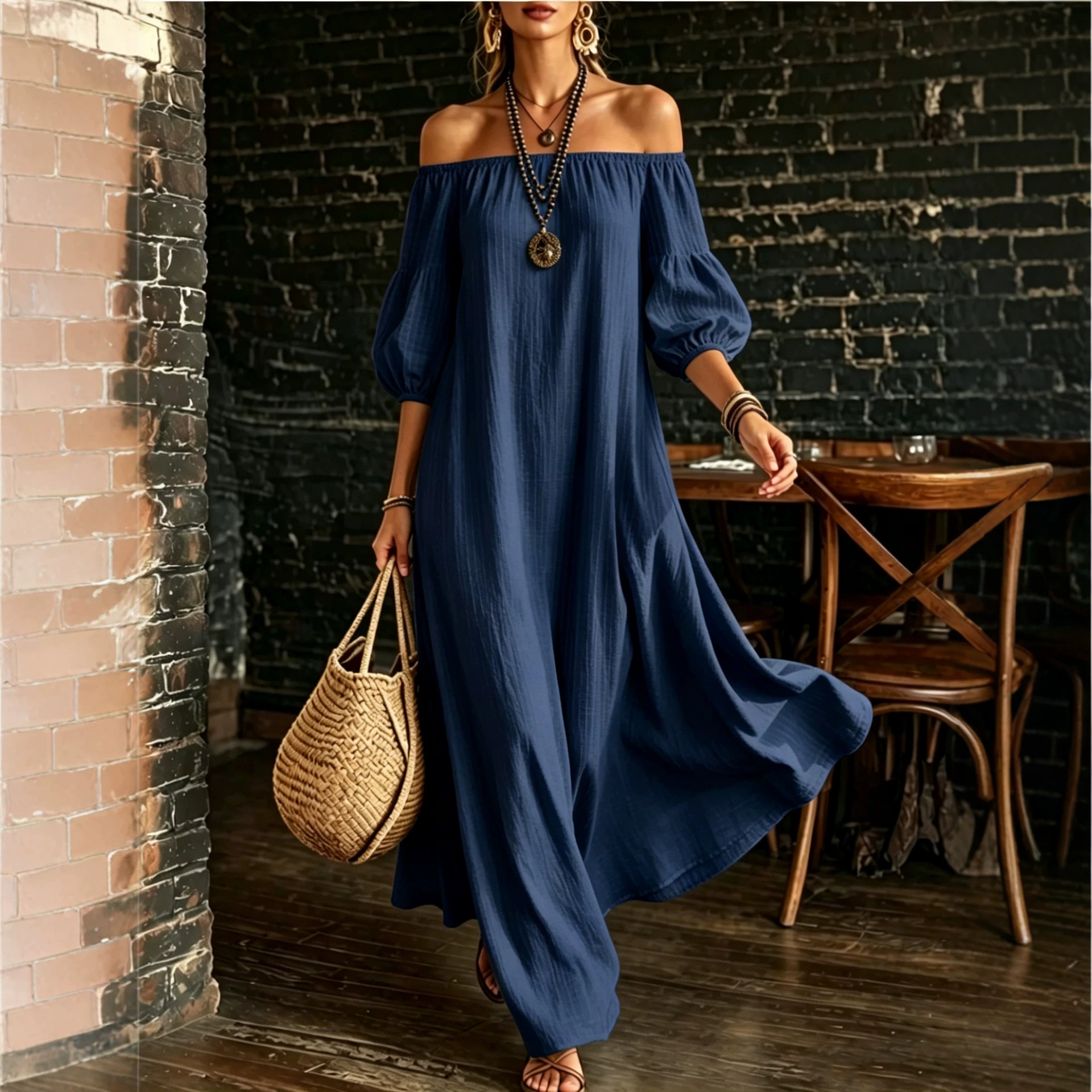 Off-Shoulder Puff Sleeve Textured Solid Color Dress Women Loose Flowy Vacation Beach Long Dress
