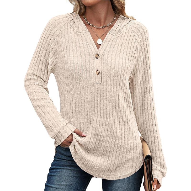 Women's Solid V-Neck Button Loose Hooded Fleece Knit Top