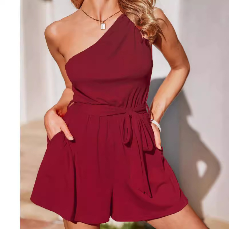 Women's Off-Shoulder Sleeveless Solid Color Romper Shorts