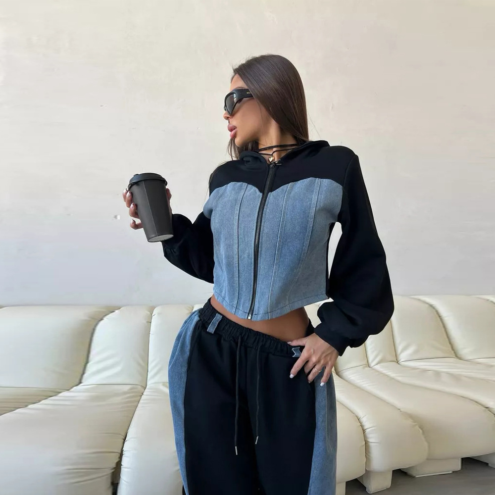 Women's Color-Block Hooded Cardigan and Wide-Leg Pants Set
