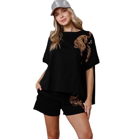 Tiger Sequin Short Sleeve Two-Piece Pants Set