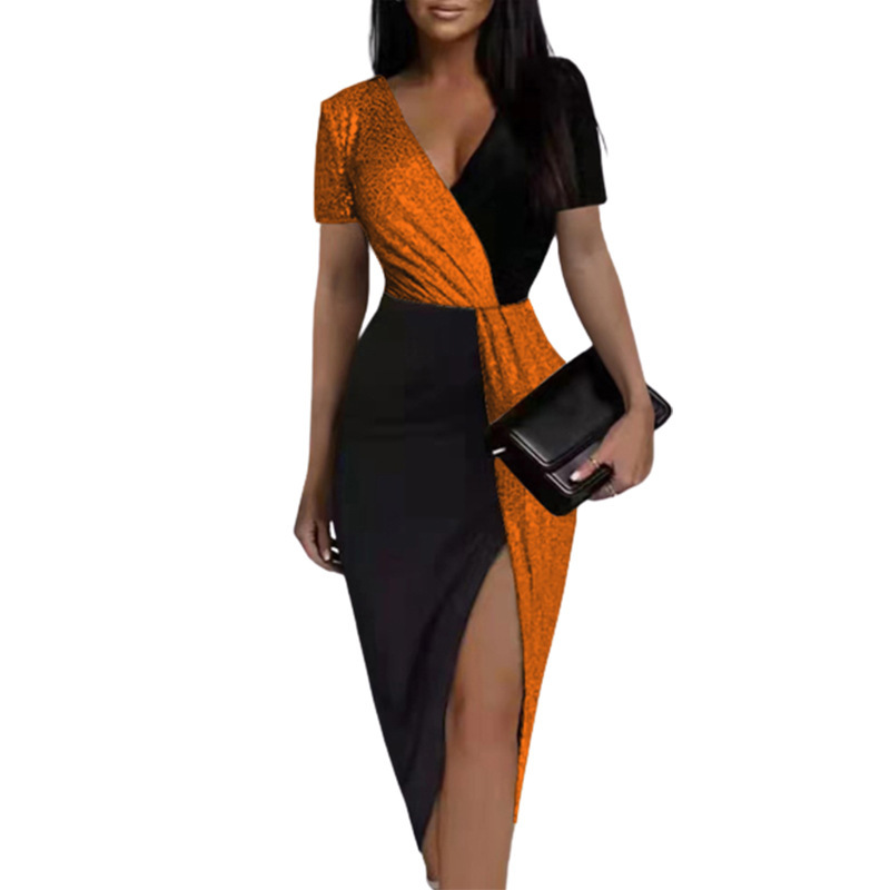Color-Block Sequin V-Neck Short-Sleeve Dress