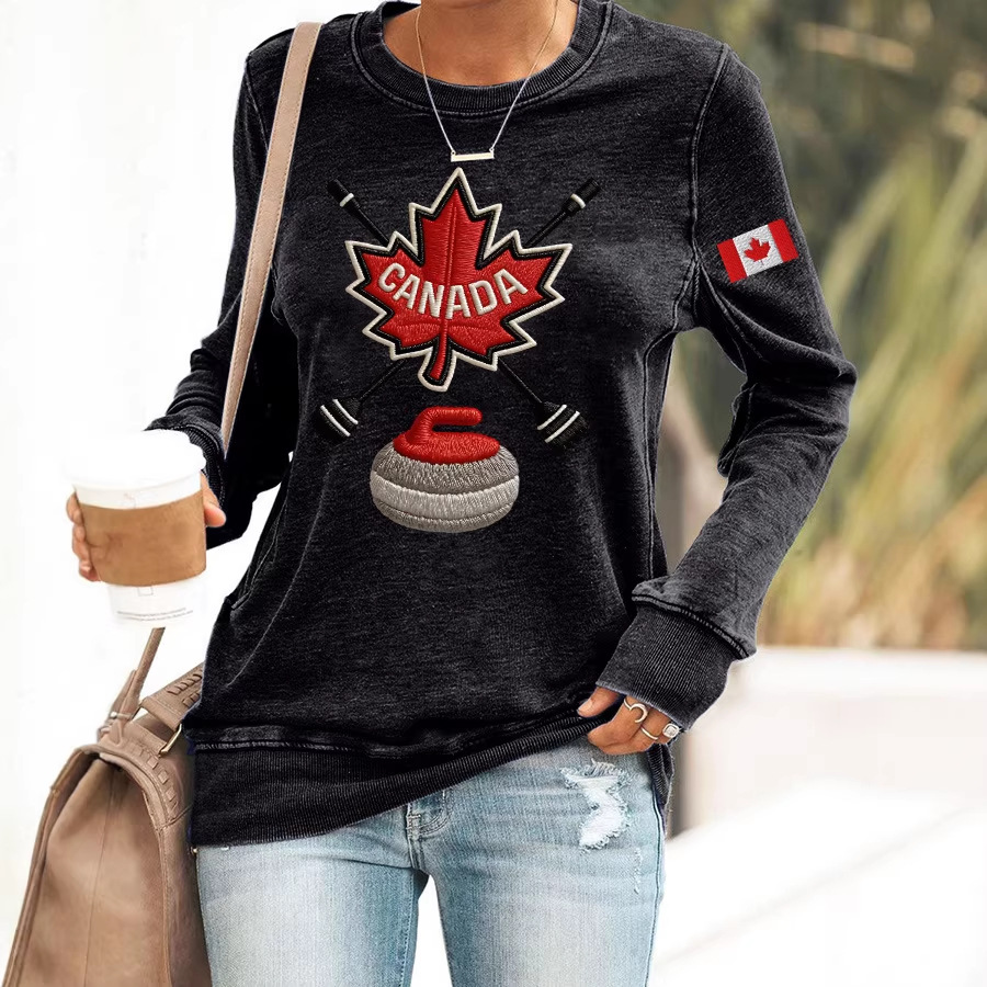 Canada Maple Leaf Curling Print Crewneck Sweatshirt