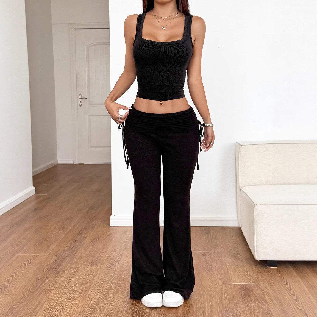 Y2K Solid Color Lace-Up Two-Piece Flared Pants Set Slim Commuter