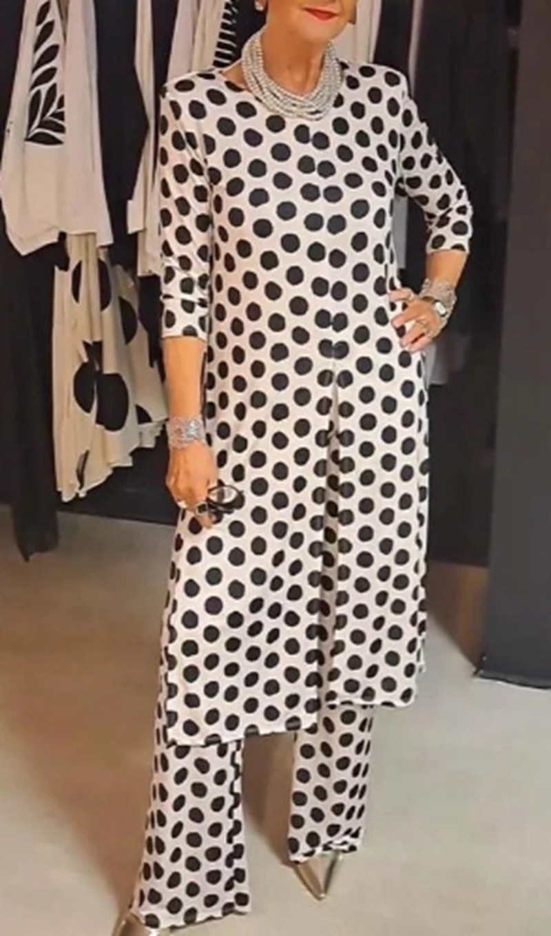 Women's Polka Dot Round Neck Slim Fit Slit Top Set