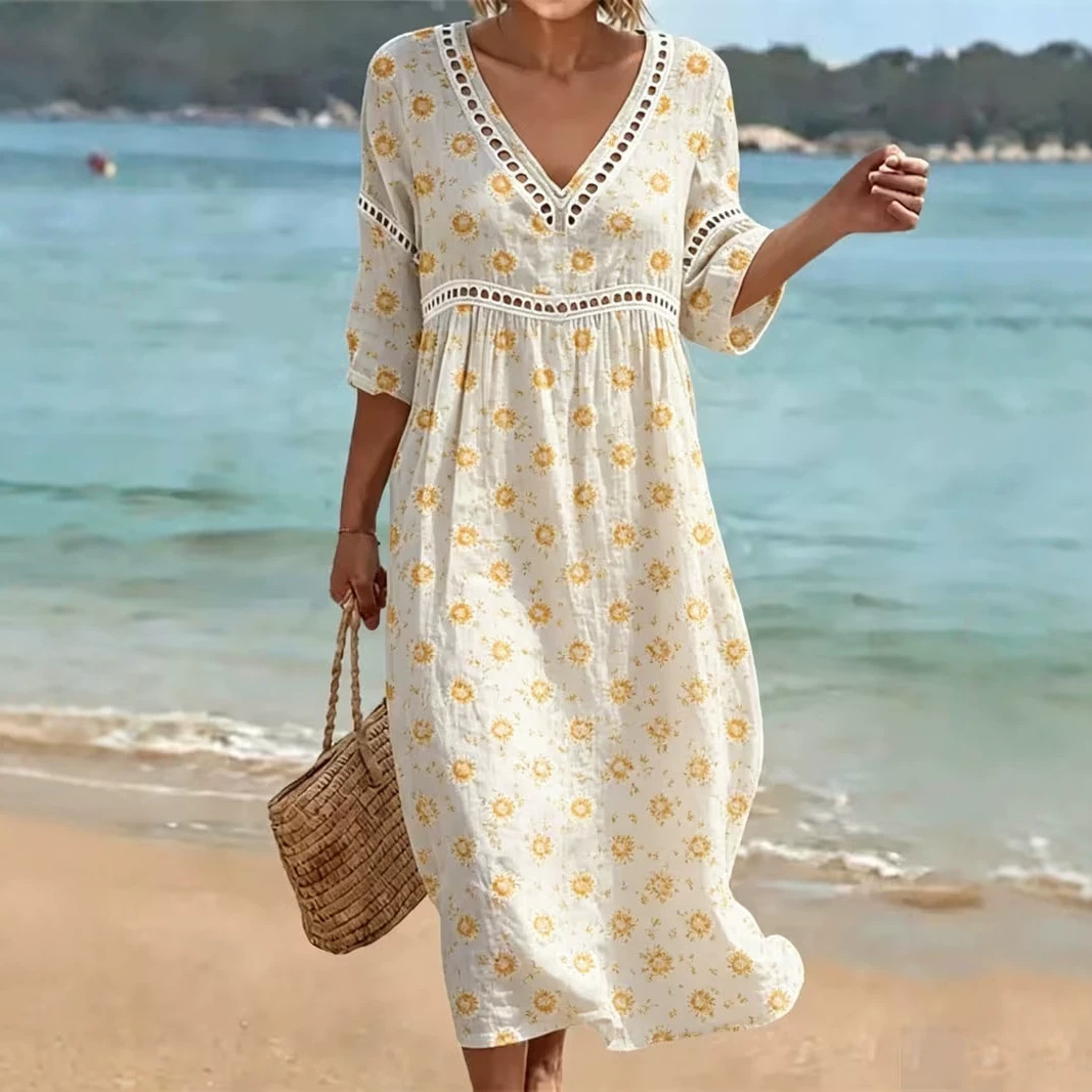 Women's Floral Polka Dot Print Pleated Midi Dress