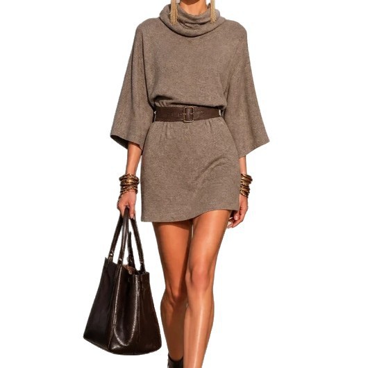 Women's Cowl Neck Loose Drop Shoulder Solid Midi Dress with Three-Quarter Sleeves
