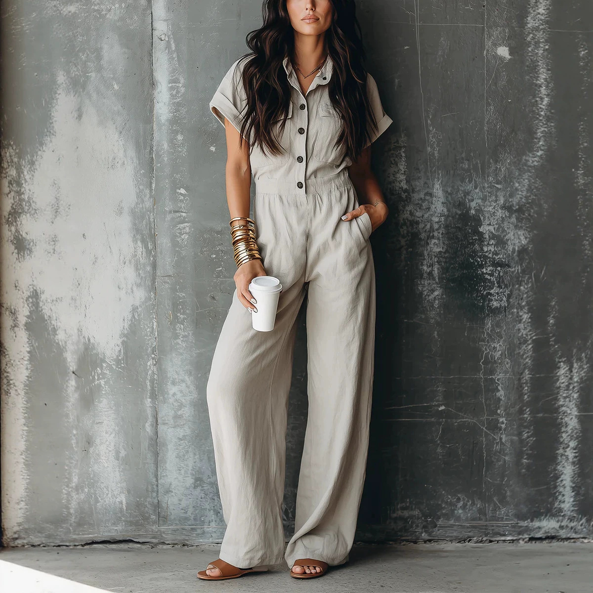 Elegant Button-Front Multi-Pocket Jumpsuit