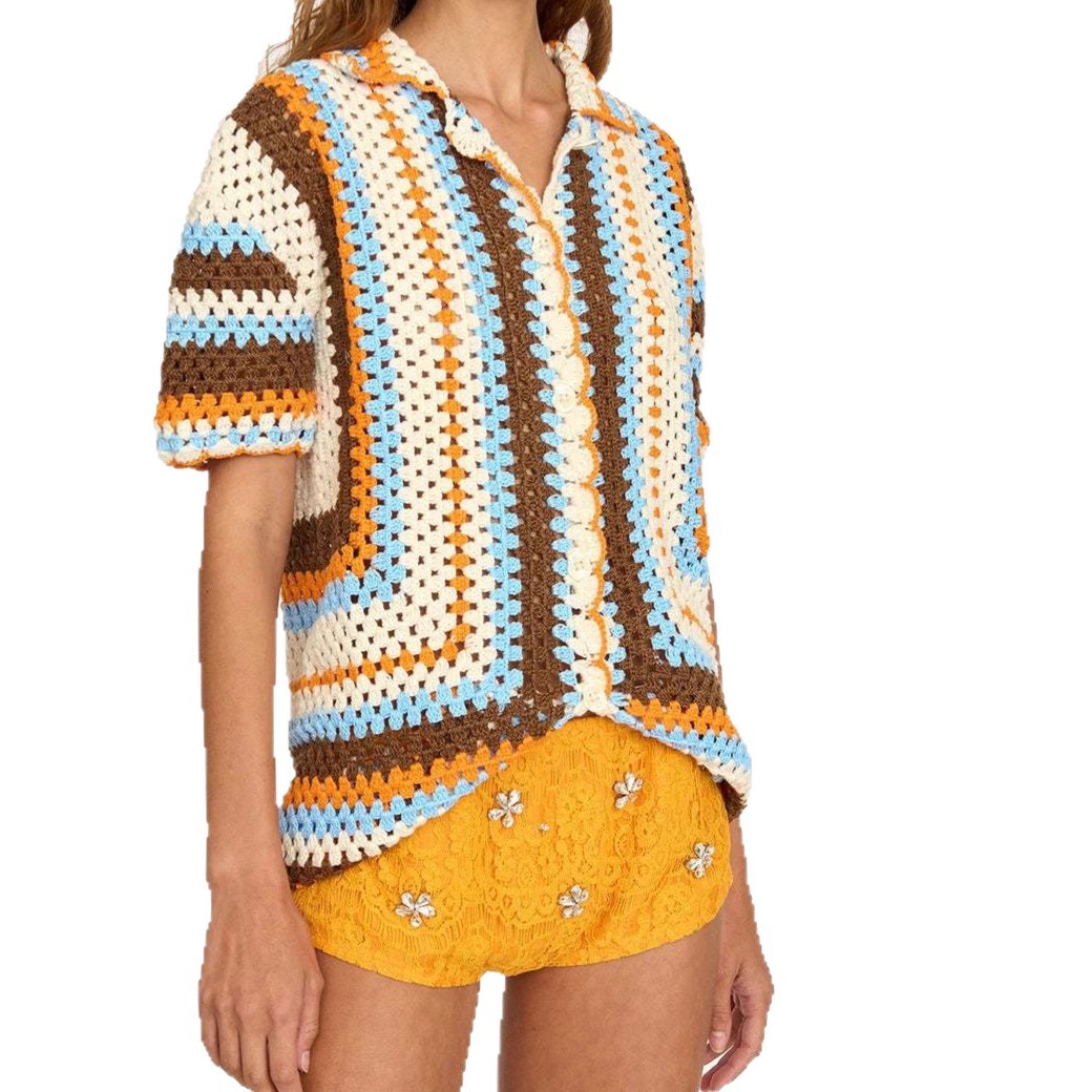 Women's Color-Block Hollow-Out Knit Top Retro Button-Front Short Cardigan