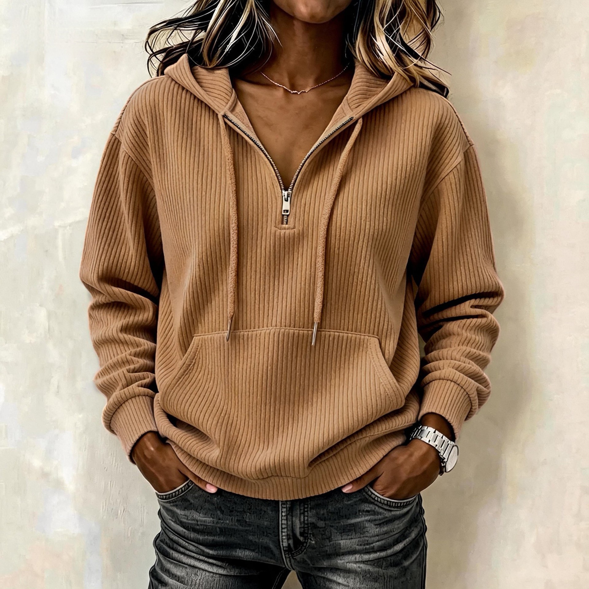 Corduroy Striped Hoodie Vintage Casual Long Sleeve