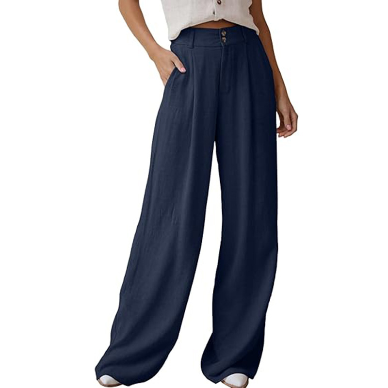 Women's Wide-Leg Cotton-Linen Pants High-Waist Flowy Straight-Leg