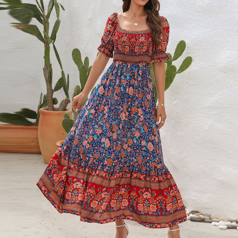Boho Off-Shoulder Puff Sleeve Ruffle Maxi Dress