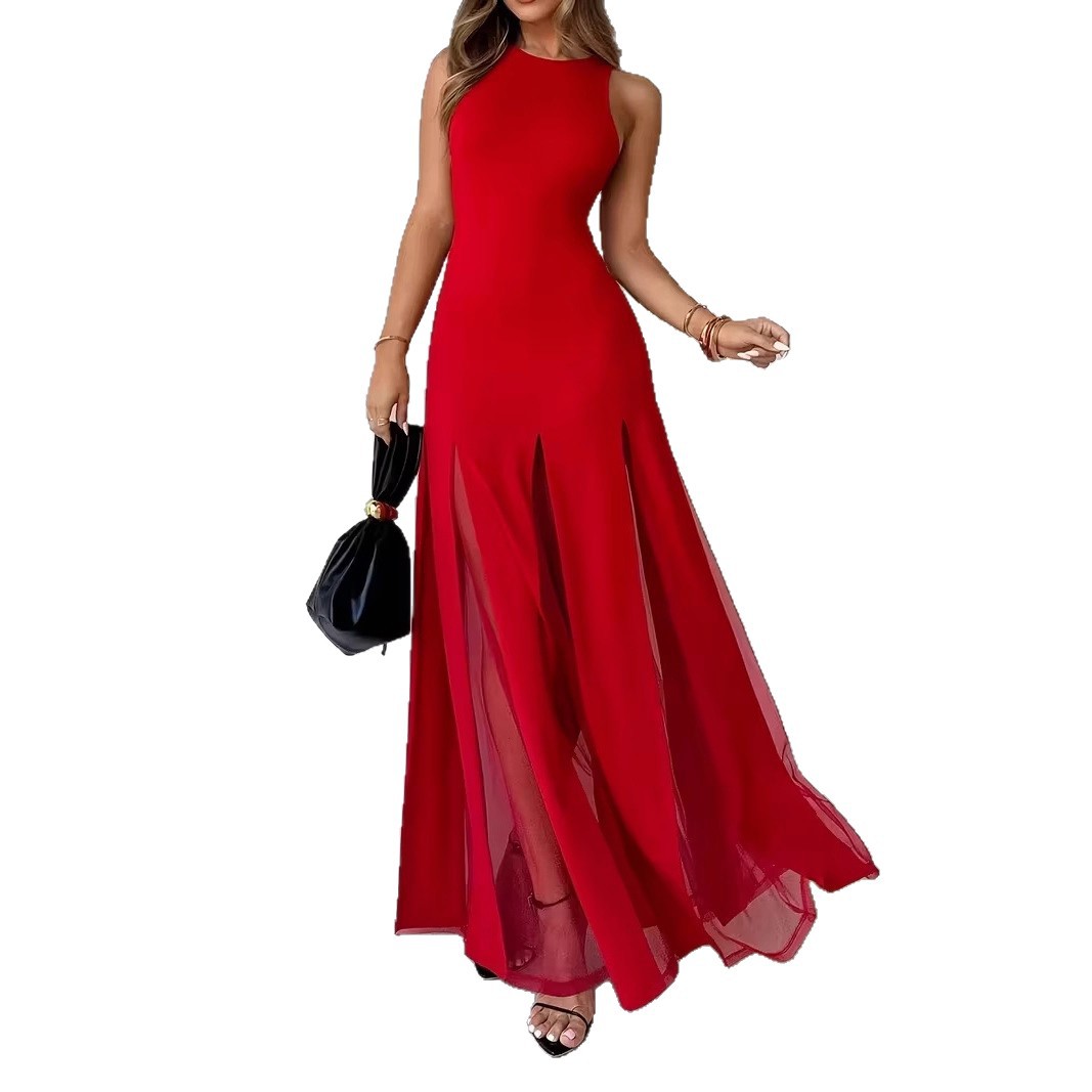 Elegant Sleeveless Chiffon Maxi Dress with Sheer Slit Hem