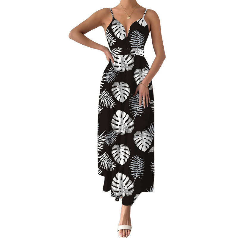 Women's Summer Printed V-Neck Sleeveless Midi Dress with Cinched Waist