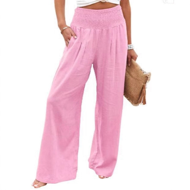 Cotton-Linen Wide-Leg Pants with Elastic High Waist