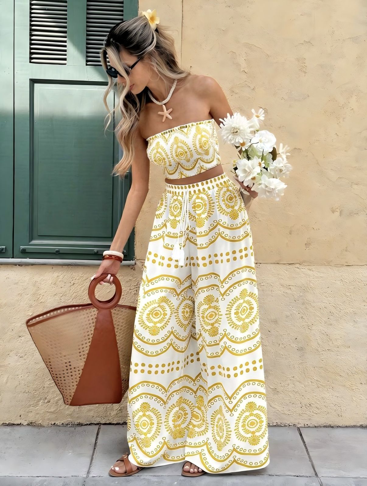 Bohemian Plant Print Strapless Crop Top & Wide-Leg Pants Two-Piece Set