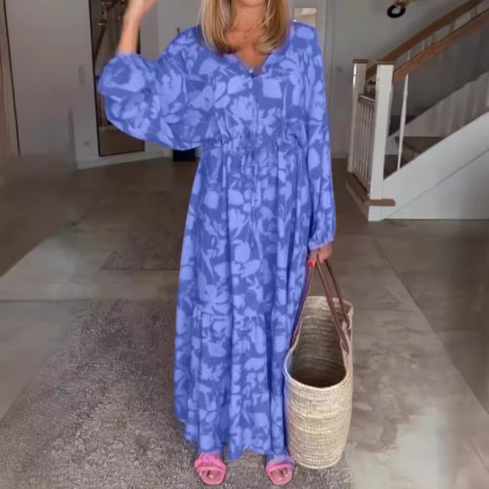 Women's Printed V-Neck Long Sleeve Loose Casual Dress
