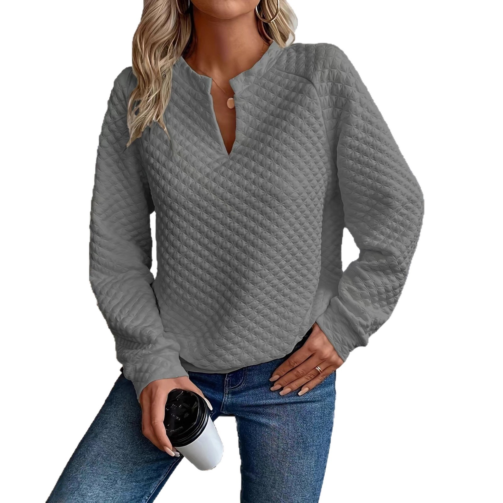 Women's Solid Color Deep V-Neck Long Sleeve Casual Sweatshirt