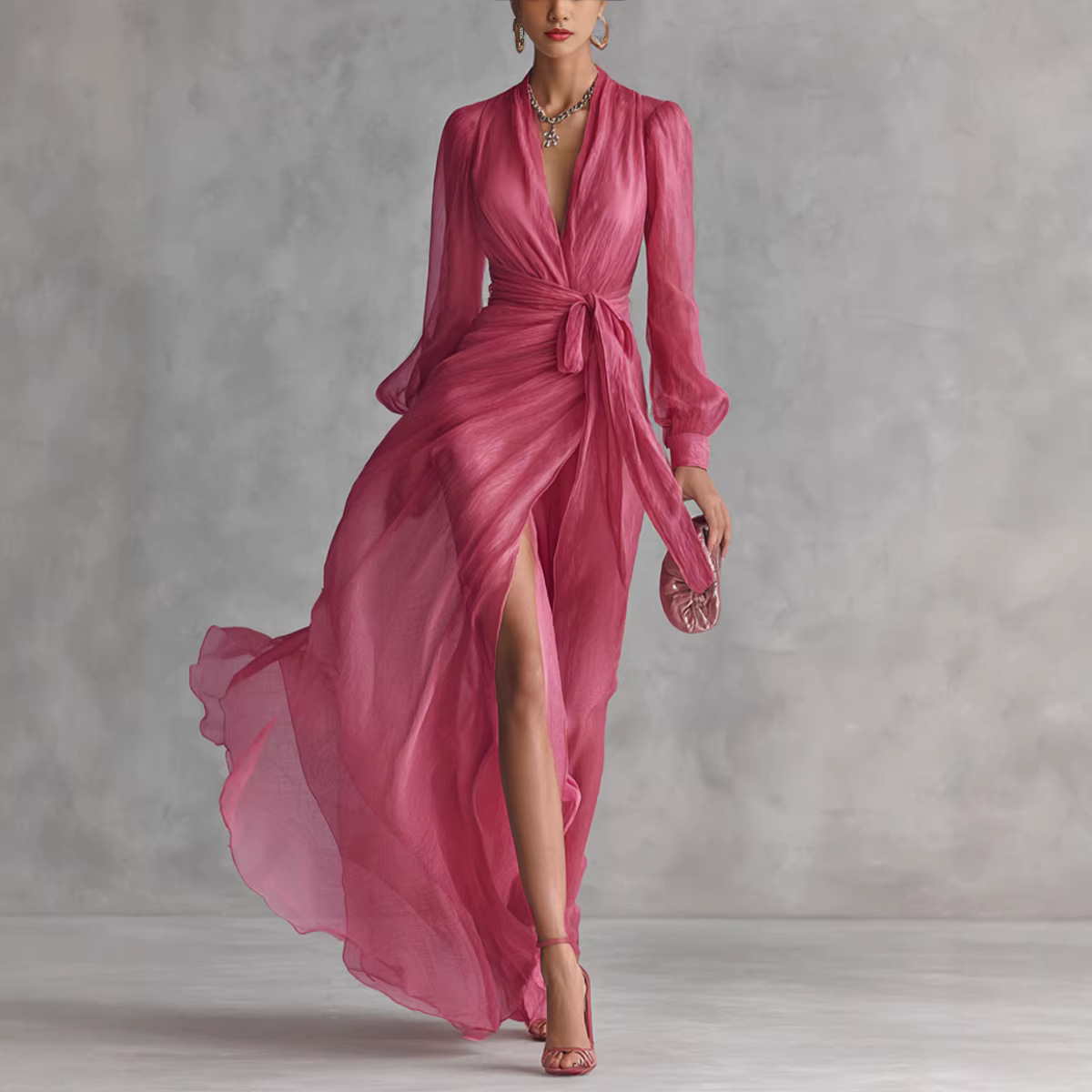 French-Style V-Neck Long-Sleeve Organdy Dress with Tie