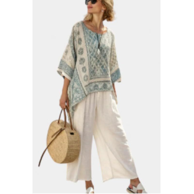 Bohemian Print Crewneck Short Sleeve Top and Pants Casual Set