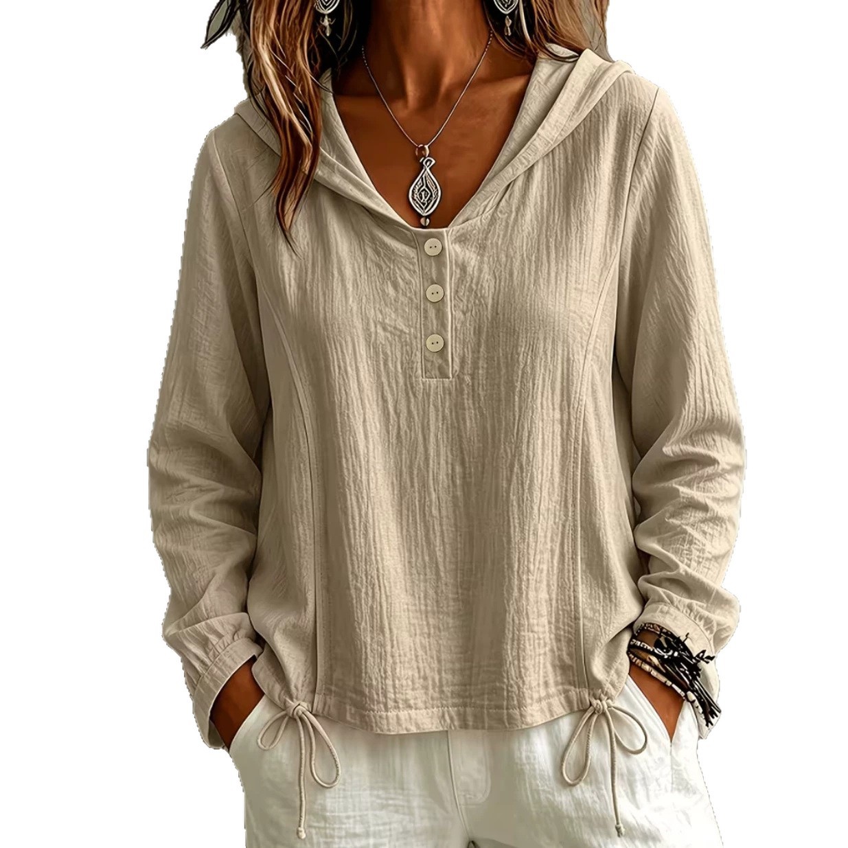 Women's Loose-Fit Hooded Pullover Long-Sleeve Top