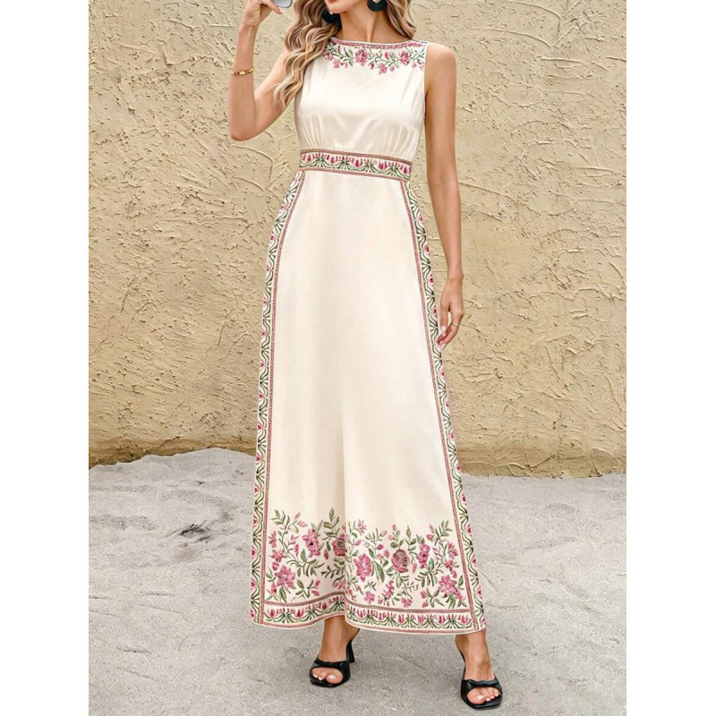 Women's Sleeveless Round Neck A-Line Midi Dress Floral Print Loose Fit Apricot