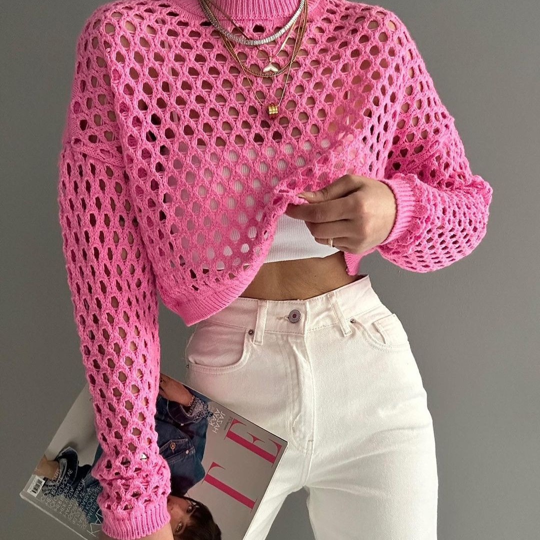 Women's Hollow-Out Knit Sweater with Bell Sleeves, Loose Crew Neck Pullover