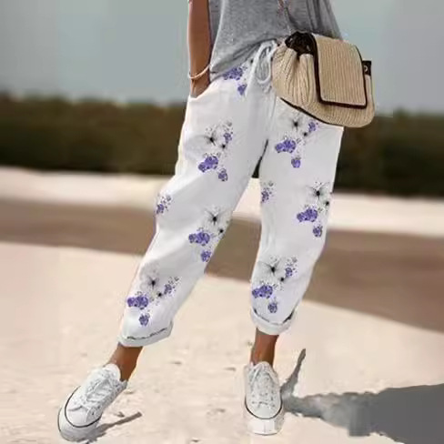 Women's Cotton-Linen Elastic Waist Cropped Pants Casual