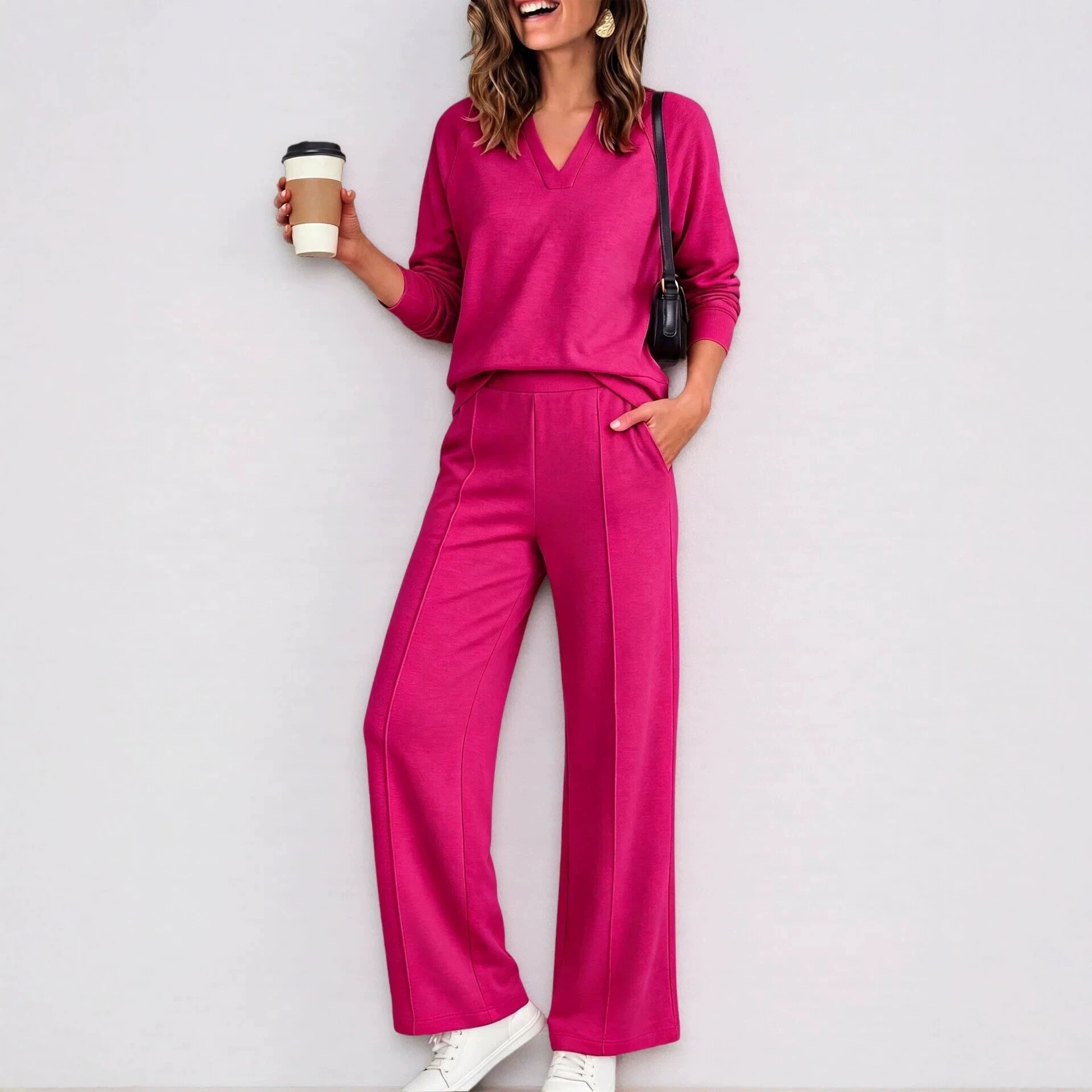 Women's Solid V-Neck Long-Sleeve Sweatshirt and Pants Set