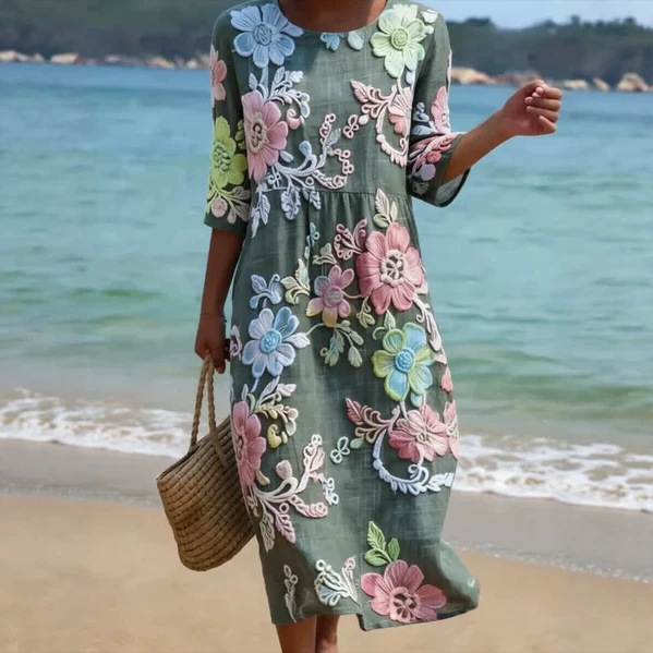 Women's Vintage Floral Print Ruched Midi Dress