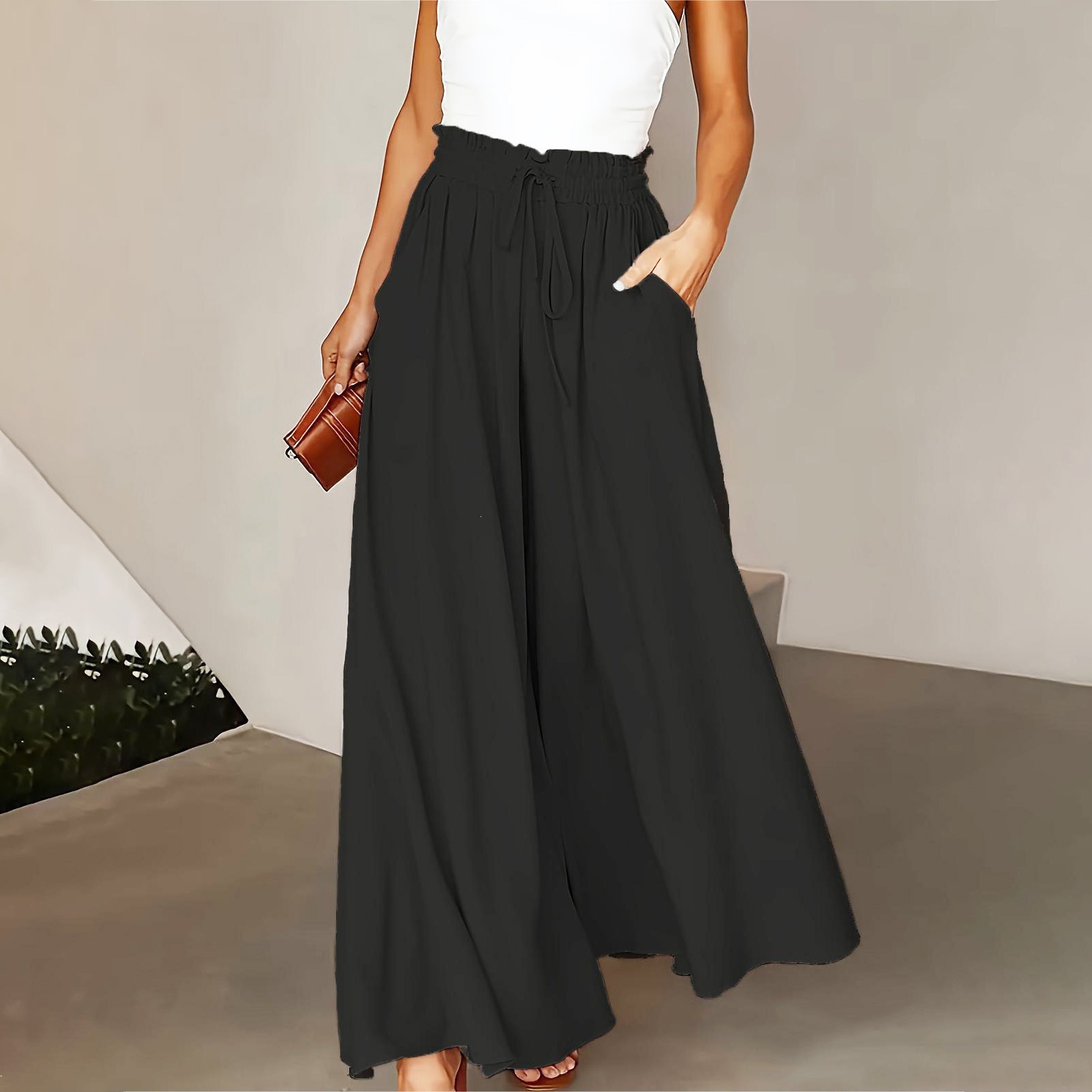 Women's Wide-Leg Pants with Cinched Waist and Flowing Hem