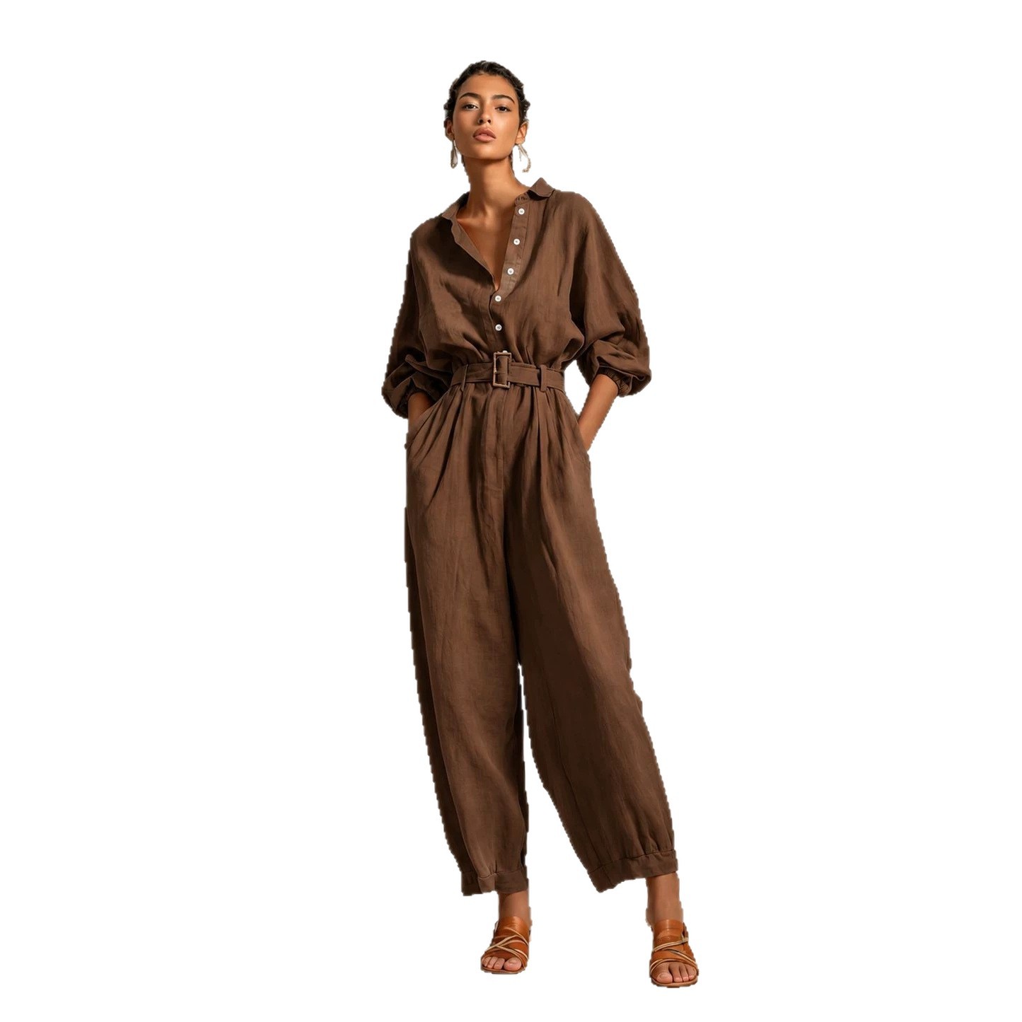 Linen-Blend Long-Sleeve Jumpsuit Casual Chic