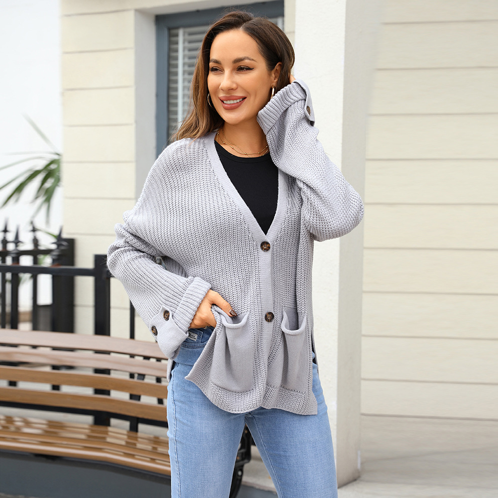 V-Neck Knit Cardigan Loose Sweater with Pockets Long Sleeve
