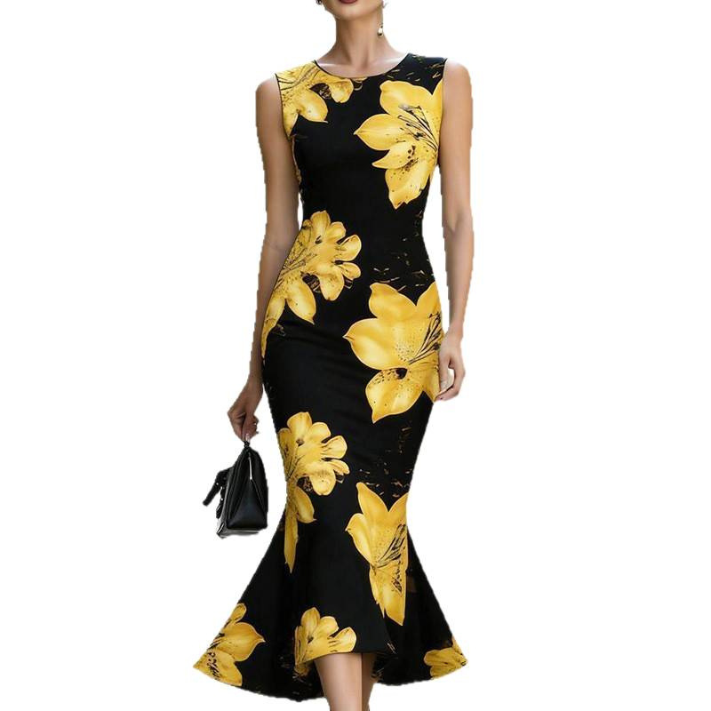 Printed Mermaid Dress Sleeveless High Waist Bodycon Long Dress
