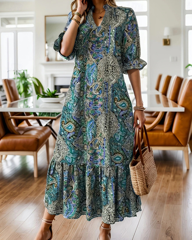 Elegant Floral Print V-Neck Midi Dress with Ruffle Sleeves