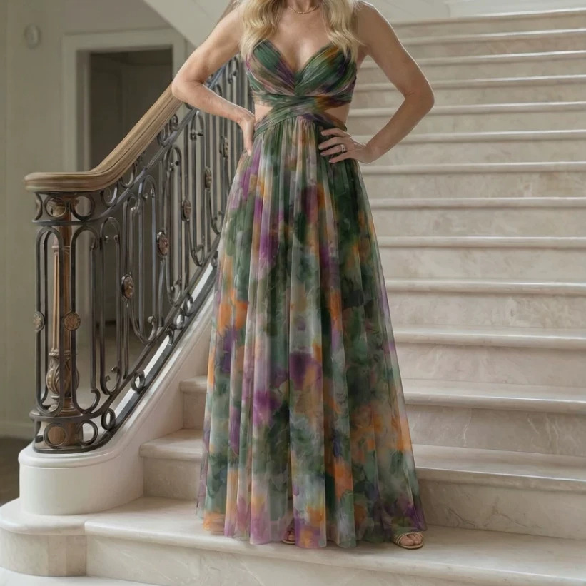 Digital Print Chiffon Long Dress with Cinched Waist