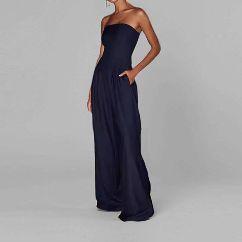 Women's Summer Strapless Wide-Leg Jumpsuit Solid Color