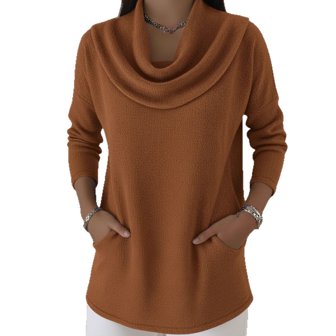 Solid Color Cowl Neck Long Sleeve Pullover with Pockets