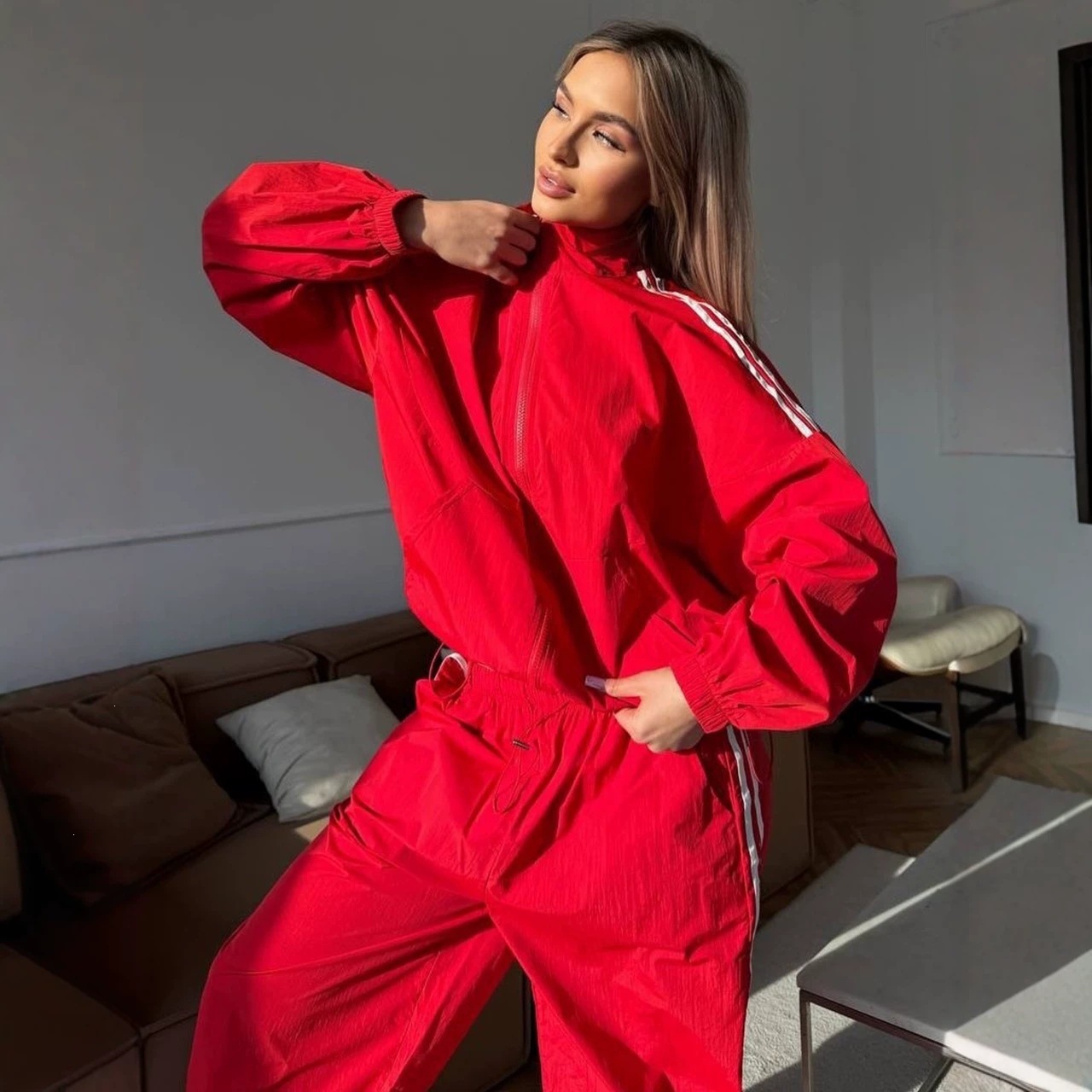 Women's Striped Zip-Up Sun Protection Two-Piece Set with High-Waist Wide-Leg Pants