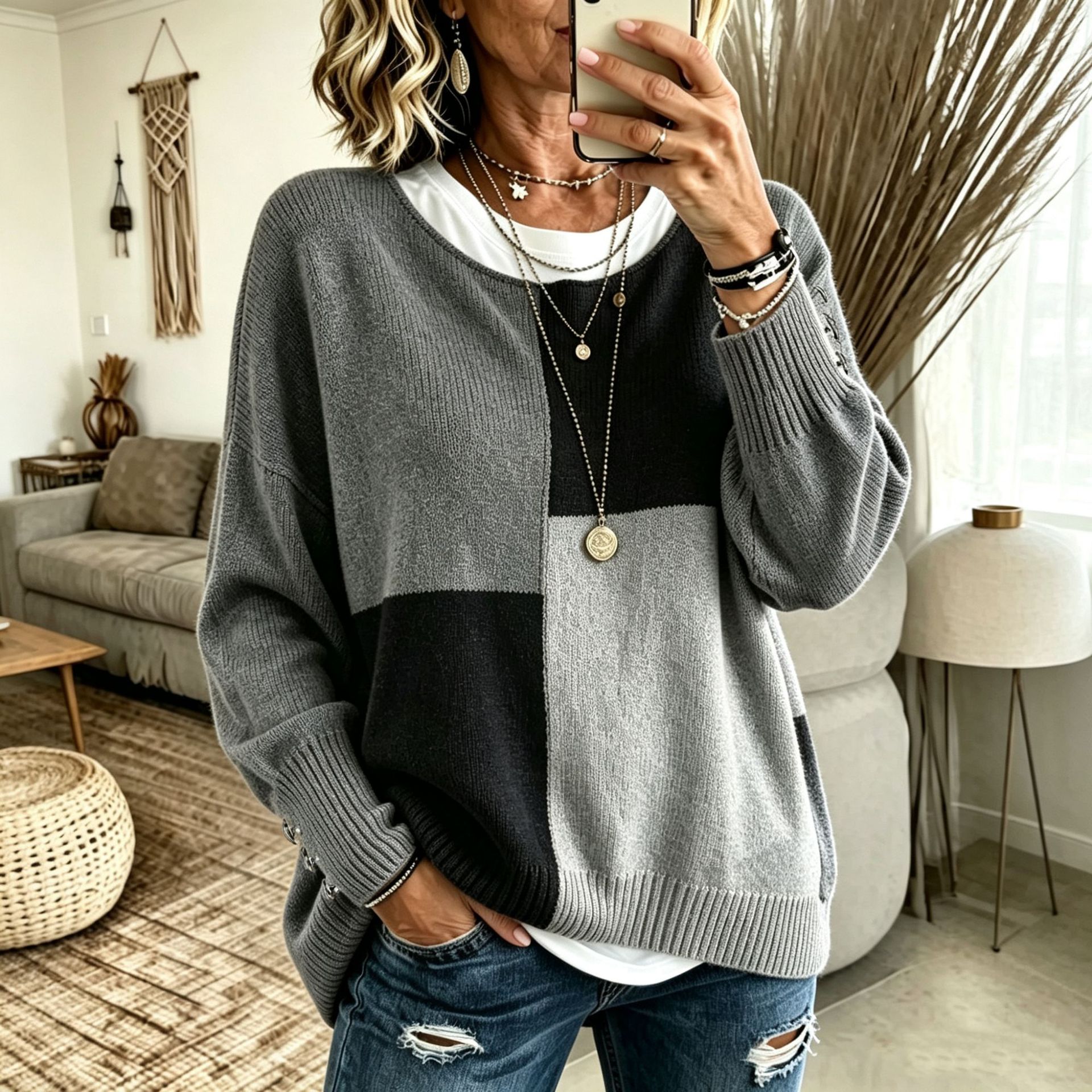 Women's Color-Block Crewneck Knit Sweater Loose Casual Pullover